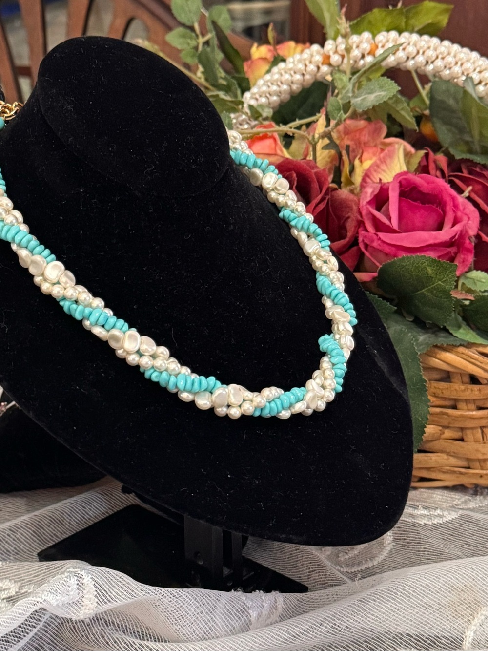 3 Strand Twisted Faux PearlTurquoise Necklace
Vintage
